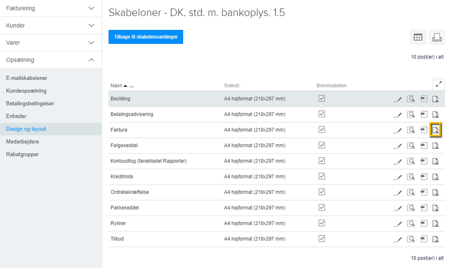 Viser layout-ikonet for fakturaskabelonen i Design og layout – bruges til at redigere skabelonens layout.