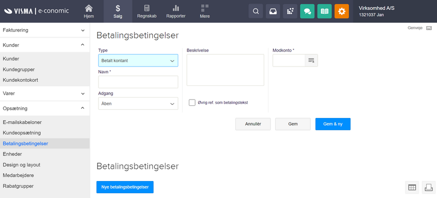 Viser oprettelse af betalingsbetingelsen 'Betalt kontant' i Betalingsbetingelser – bruges til at automatisere bogføring af betaling ved kontantsalg.