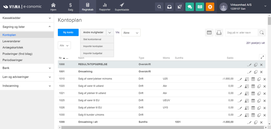 Viser menupunktet "Importér budgettal" i Kontoplanen – bruges til at starte import af budgettal.