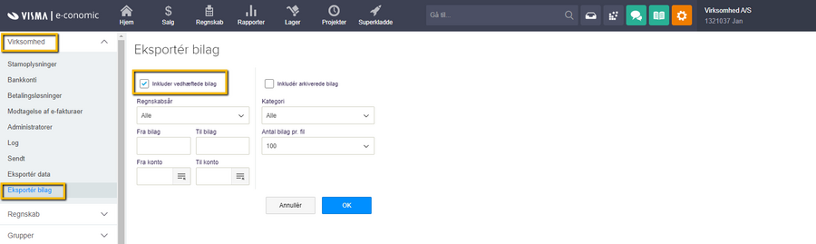 Viser siden 'Eksportér bilag' under Virksomhedsindstillinger – bruges til at definere, hvilke bilag der skal eksporteres.