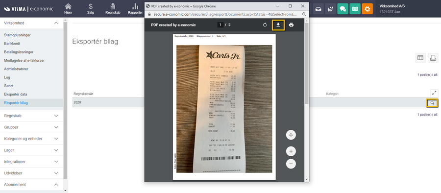 Viser download-ikonet i browserens PDF-viser – bruges til at gemme filen med de eksporterede bilag.