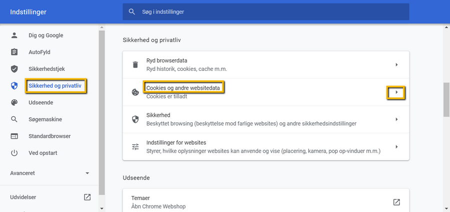 Viser menupunktet 'Cookies og andre websitedata' i Google Chromes indstillinger for sikkerhed og privatliv – bruges til at navigere til menuen, hvor specifikke websites kan tillades at bruge cookies.