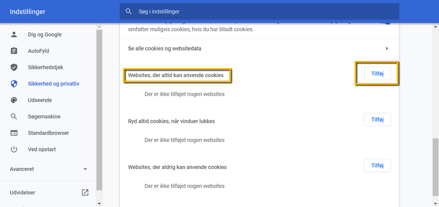 Viser 'Tilføj'-knappen ved 'Websites, der altid kan anvende cookies' i Google Chromes privatlivsindstillinger – bruges til at tillade cookies fra e-conomic.