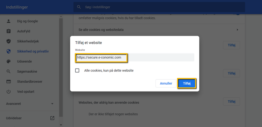 Viser vinduet 'Tilføj et website' i Google Chromes cookie-indstillinger – bruges til at tillade cookies fra e-conomic.