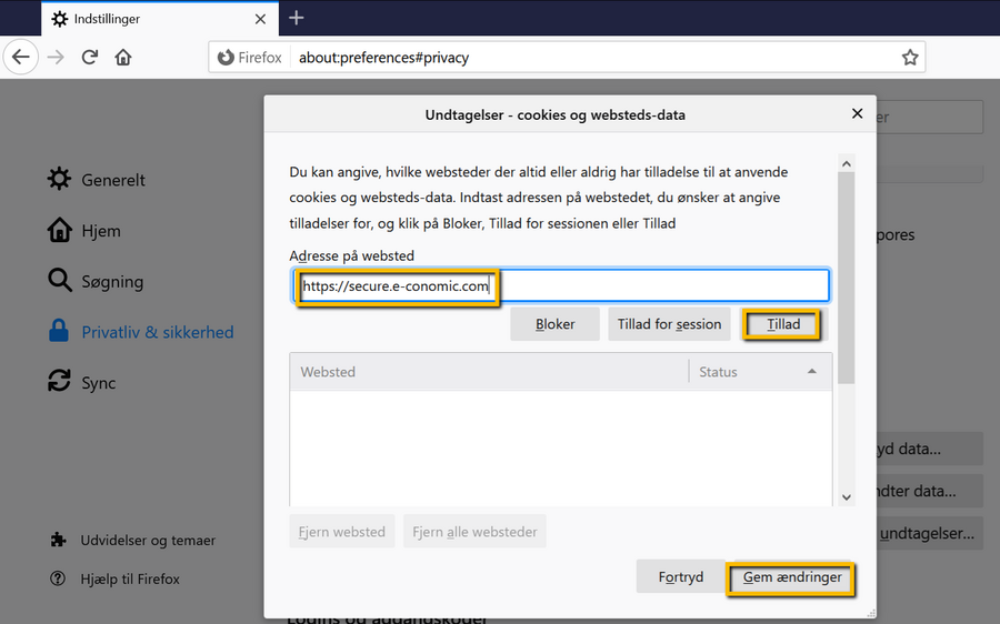 Viser tilføjelse af e-conomic til undtagelser for cookies i Mozilla Firefox – bruges til at fjerne blokeringen og tillade cookies fra webstedet.