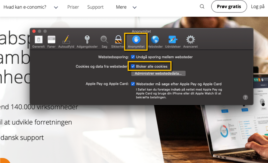 Viser feltet 'Bloker alle cookies' under fanen 'Anonymitet' i Safari-indstillinger – bruges til at fjerne blokeringen af cookies.