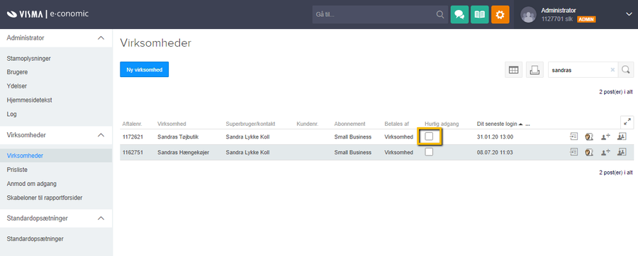 Viser afkrydsningsfeltet 'Hurtig adgang' i virksomhedsoversigten i administratormodulet – bruges til at tilføje en virksomhed til listen 'hurtig adgang'.