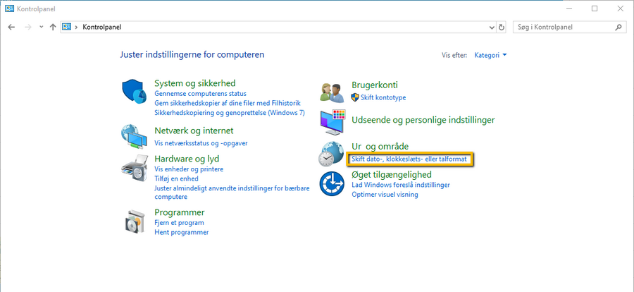 Viser indstillingen "Skift dato-, klokkeslæts- eller talformat" i Windows Kontrolpanel – bruges til at tilgå indstillingerne for talformat.