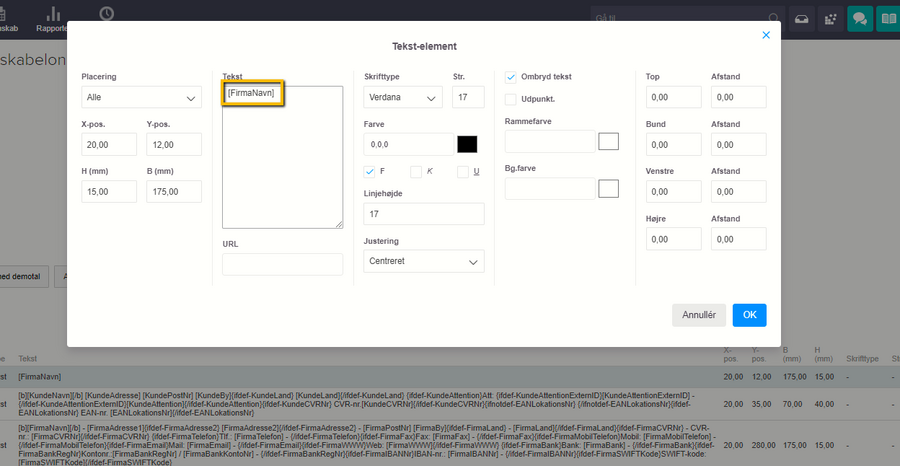 Viser tekstfeltet i et tekst-element i Design og layout – bruges til at ændre firmanavnet på en skabelon.