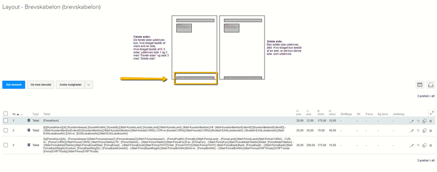 Viser valg af tekstfeltet med bankoplysninger i layout-editoren for brevskabeloner – bruges til at redigere firmaets bankoplysninger i skabelonen.