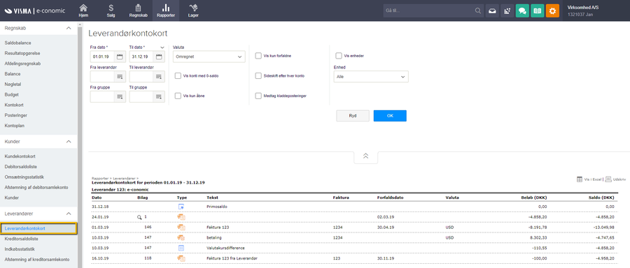 Viser rapporten Leverandørkontokort i Rapporter – bruges til at få et overblik over posteringer for en eller flere leverandører.