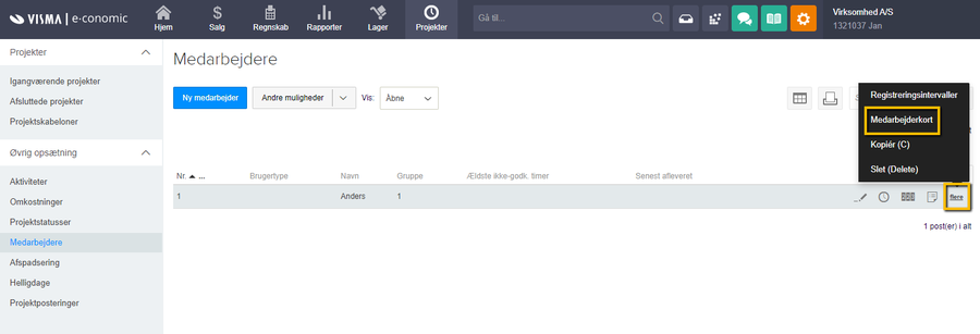 Viser punktet 'Medarbejderkort' i 'Flere'-menuen i medarbejderoversigten – bruges til at trække et medarbejderkort.