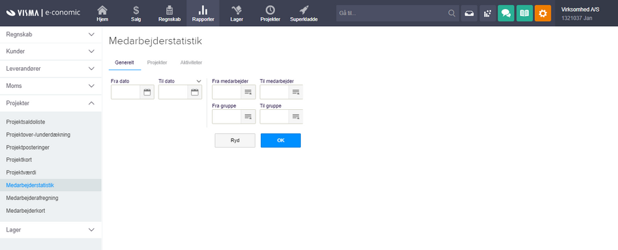 Viser filtreringsmulighederne i rapporten Medarbejderstatistik – bruges til at danne en afgrænset medarbejderstatistik.