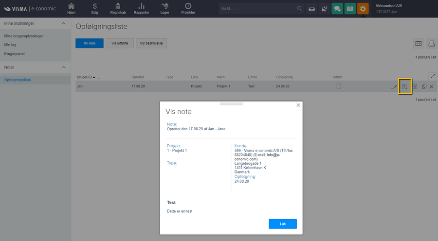 Viser 'Vis note'-ikonet i Opfølgningslisten – bruges til at se detaljerne for en eksisterende note.