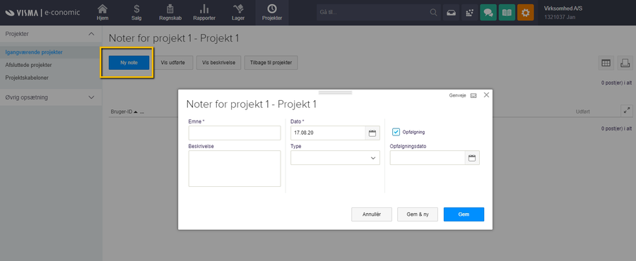 Viser formularen til oprettelse af en ny note i Projektmodulet – bruges til at oprette en ny note på et projekt.