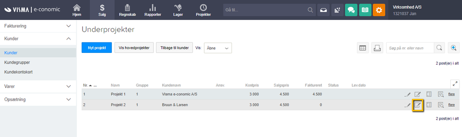 Viser projektoversigten i Salg-modulet – bruges til at finde det projekt, der skal faktureres.