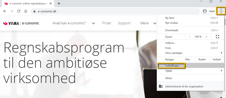 Viser menupunktet "Indstillinger" i Google Chrome-menuen – bruges til at navigere til cookie-indstillingerne.