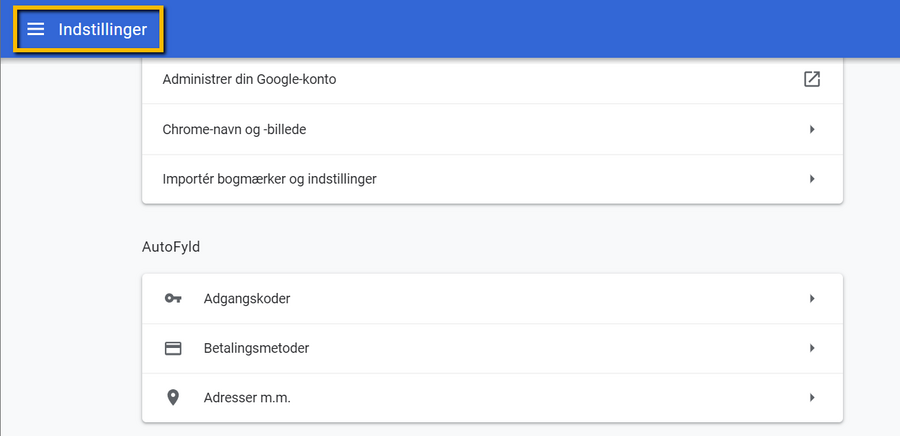 Viser Indstillinger-menuen i Google Chrome – bruges til at navigere til indstillinger for sikkerhed og privatliv.