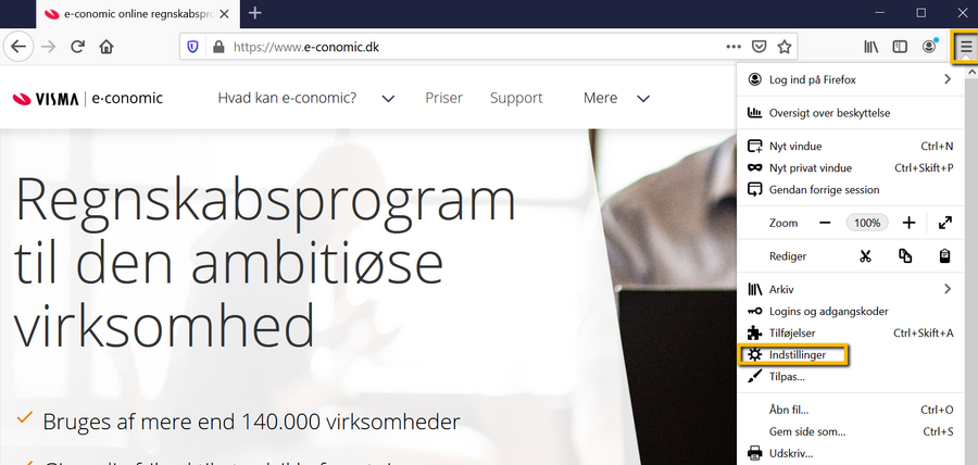 Viser valgmuligheden Indstillinger i Mozilla Firefox-browserens menu – bruges til at finde indstillinger for privatliv og sikkerhed.