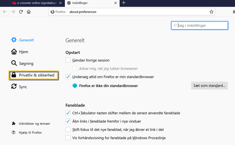 Viser menupunktet 'Privatliv & sikkerhed' i Firefox' indstillinger – bruges til at finde indstillinger for pop op-vinduer.