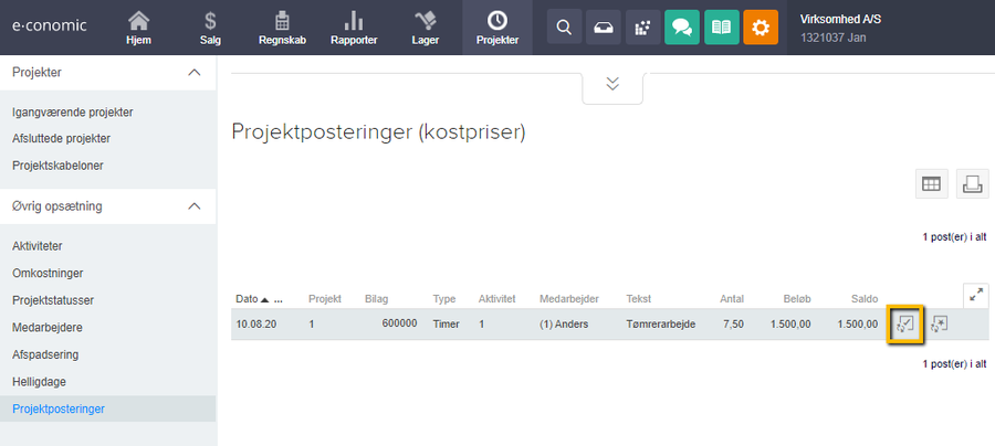 Viser ikonet for projektomkontering i oversigten 'Projektposteringer' – bruges til at omkontere en postering.