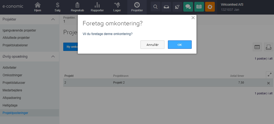 Viser bekræftelsesvindue for en projektomkontering i Projektmodulet – bruges til at gennemføre flytningen af en projektpostering.
