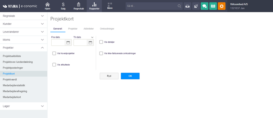 Viser filterfelterne til rapporten Projektkort i Rapporter – bruges til at afgrænse og generere en projektrapport.