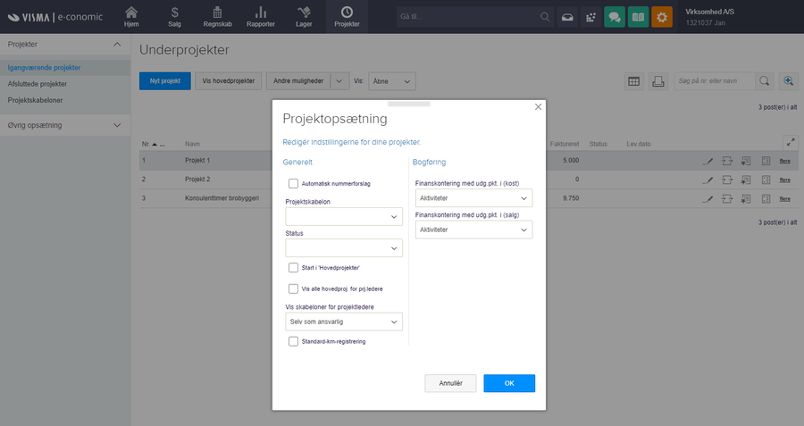 Viser projektopsætning i projektmodulet – bruges til at redigere standardindstillinger for oprettelse af projekter.