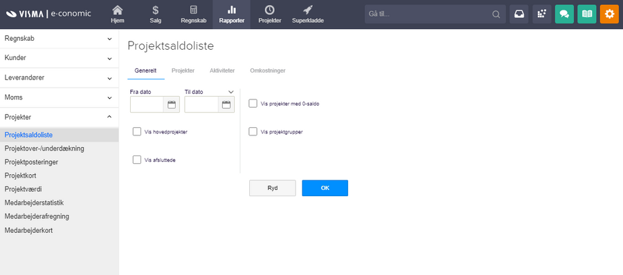 Viser filterindstillingerne for rapporten 'Projektsaldoliste' i Rapporter – bruges til at afgrænse rapportens data før den genereres.