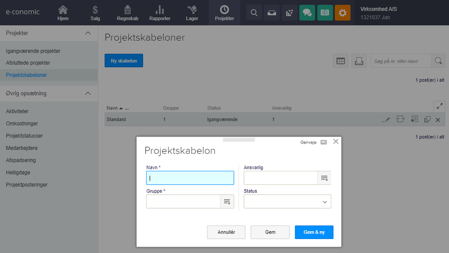 Viser oprettelsesvinduet for en projektskabelon i Projektmodulet – bruges til at foruddefinere oplysninger som gruppe og status for nye projekter.