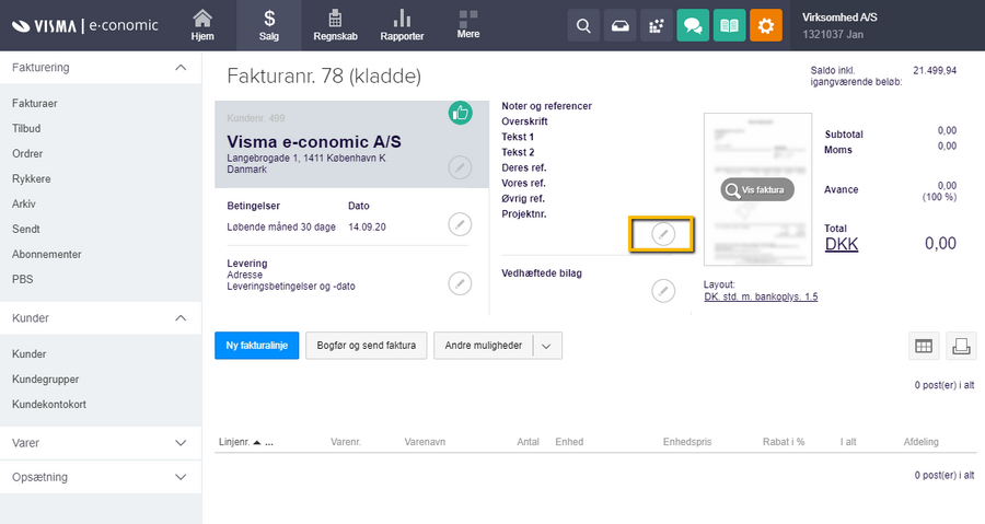 Viser rediger-ikonet for Noter og referencer i en fakturakladde – bruges til at tilføje eller ændre tekst på fakturaen.