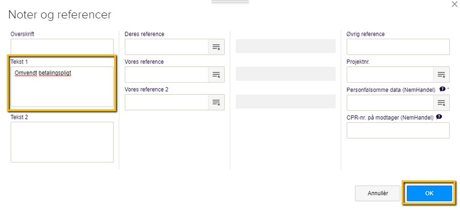 Viser tekstfeltet 'Tekst 1' med teksten 'Omvendt betalingspligt' i dialogboksen Noter og referencer – bruges til at indsætte en fast note på en faktura.