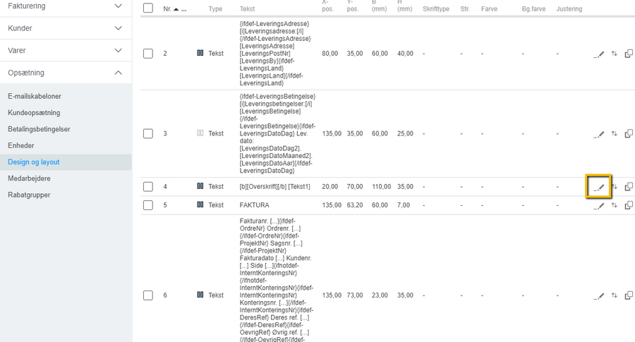 Viser rediger-ikonet for tekstfeltet [Tekst1] i fakturalayoutet – bruges til at indsætte en fast tekst i fakturaen.