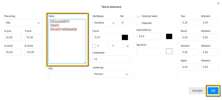 Viser tilføjelse af teksten 'Omvendt betalingspligt' i et tekst-element i fakturalayoutet – bruges til at gøre teksten til en fast del af fakturaen.