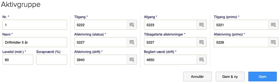 Viser oprettelse af en aktivgruppe i Anlægskartoteket – bruges til at angive konti og afskrivningsregler for en gruppe af aktiver.