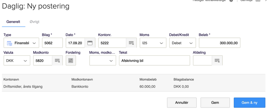 Viser fanen "Generelt" for en ny postering i en kassekladde – bruges til at bogføre anskaffelsen af et anlægsaktiv.