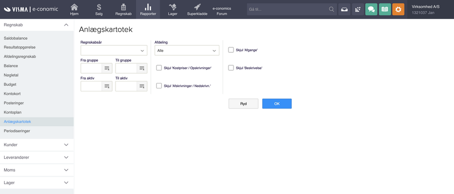 Viser filtermulighederne i rapporten Anlægskartotek – bruges til at tilpasse indholdet i rapporten.