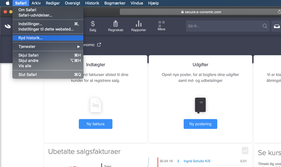 Viser menupunktet 'Ryd historik...' i Safari-browseren – bruges til at slette browserhistorik