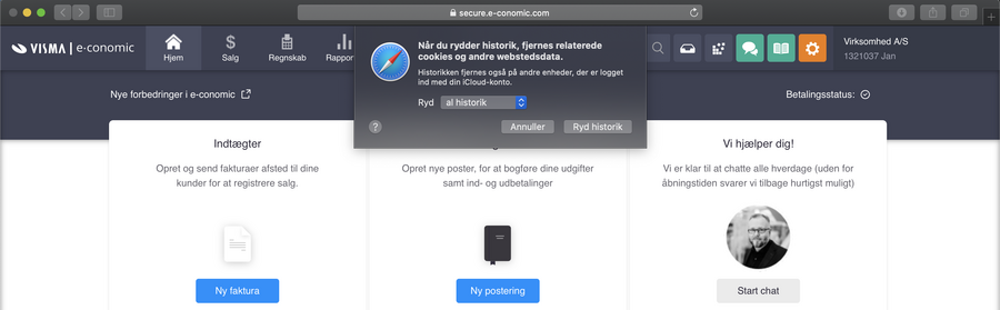 Viser dialogboksen til at rydde historik i Safari-browseren – bruges til at vælge 'al historik' og bekræfte sletning af browserdata.