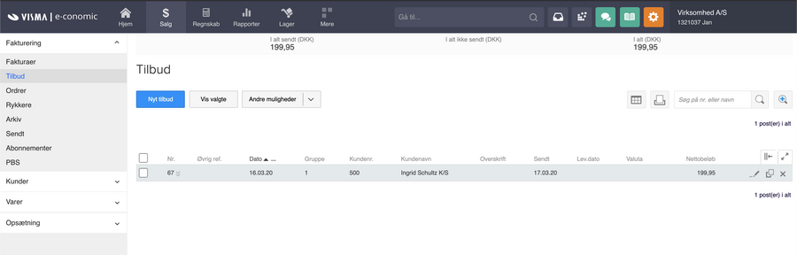 Viser oversigten over tilbud i Salg-fanen – bruges til at få et overblik over, oprette og administrere tilbud.