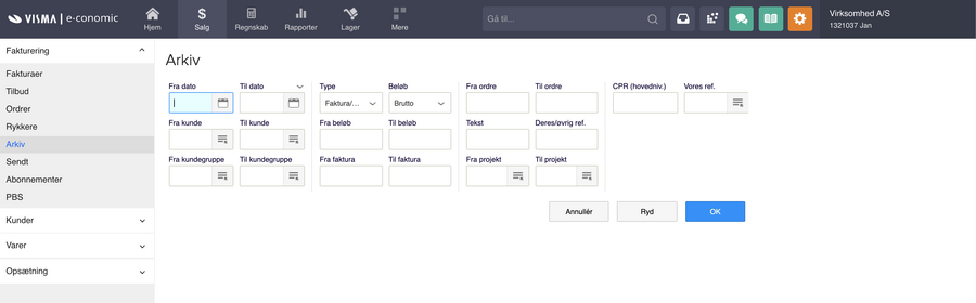 Viser søgefelterne i Arkiv under Salg – bruges til at filtrere og finde specifikke bilag.
