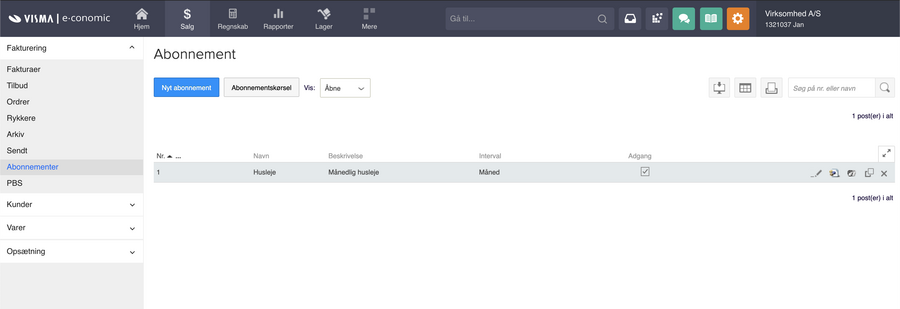 Viser abonnementslisten i Salg – bruges til at administrere faste faktureringsaftaler.