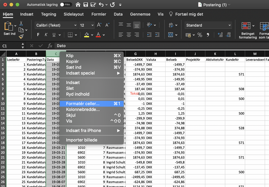 Viser valget "Formatér celler" i højrekliksmenuen i Excel – bruges til at ændre datoformatet i en kolonne.