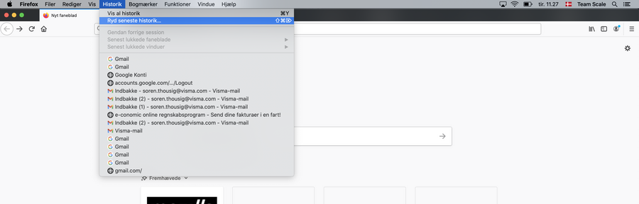 Viser menupunktet 'Ryd seneste historik' i Historik-menuen i Mozilla Firefox – bruges til at slette cookies og historik.