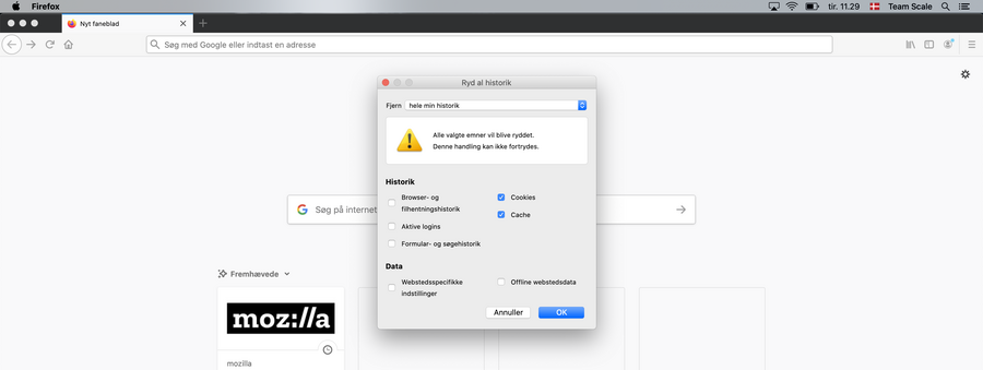Viser dialogboksen 'Ryd al historik' i Mozilla Firefox – bruges til at slette cookies og cache.