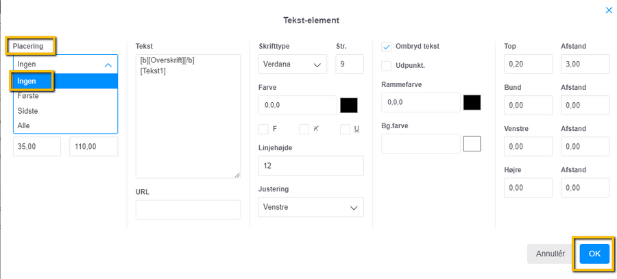 Viser feltet 'Placering' i editoren for tekstelementer – bruges til at skjule et element på en skabelon.
