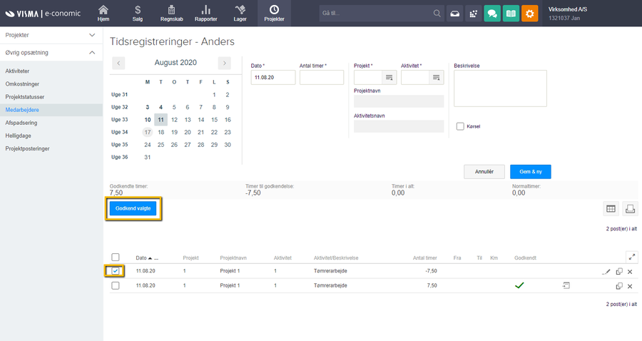 Viser godkendelse af en negativ tidsregistrering i Tidsregistreringer – bruges til at tilbageføre en forkert godkendt registrering.