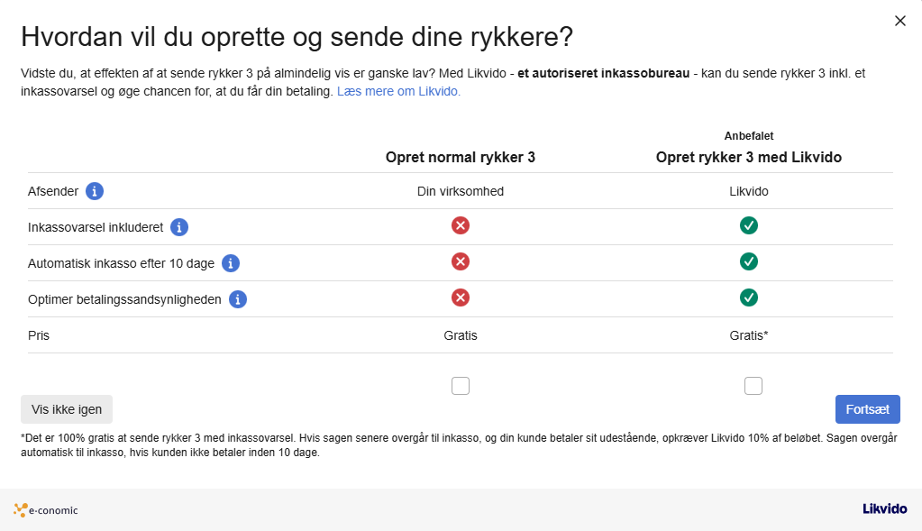 Viser en sammenligning af en almindelig rykker og en rykker med inkassovarsel i rykkerprocessen – bruges til at vælge, om rykkeren skal sendes med et inkassovarsel for at øge sandsynligheden for betaling.