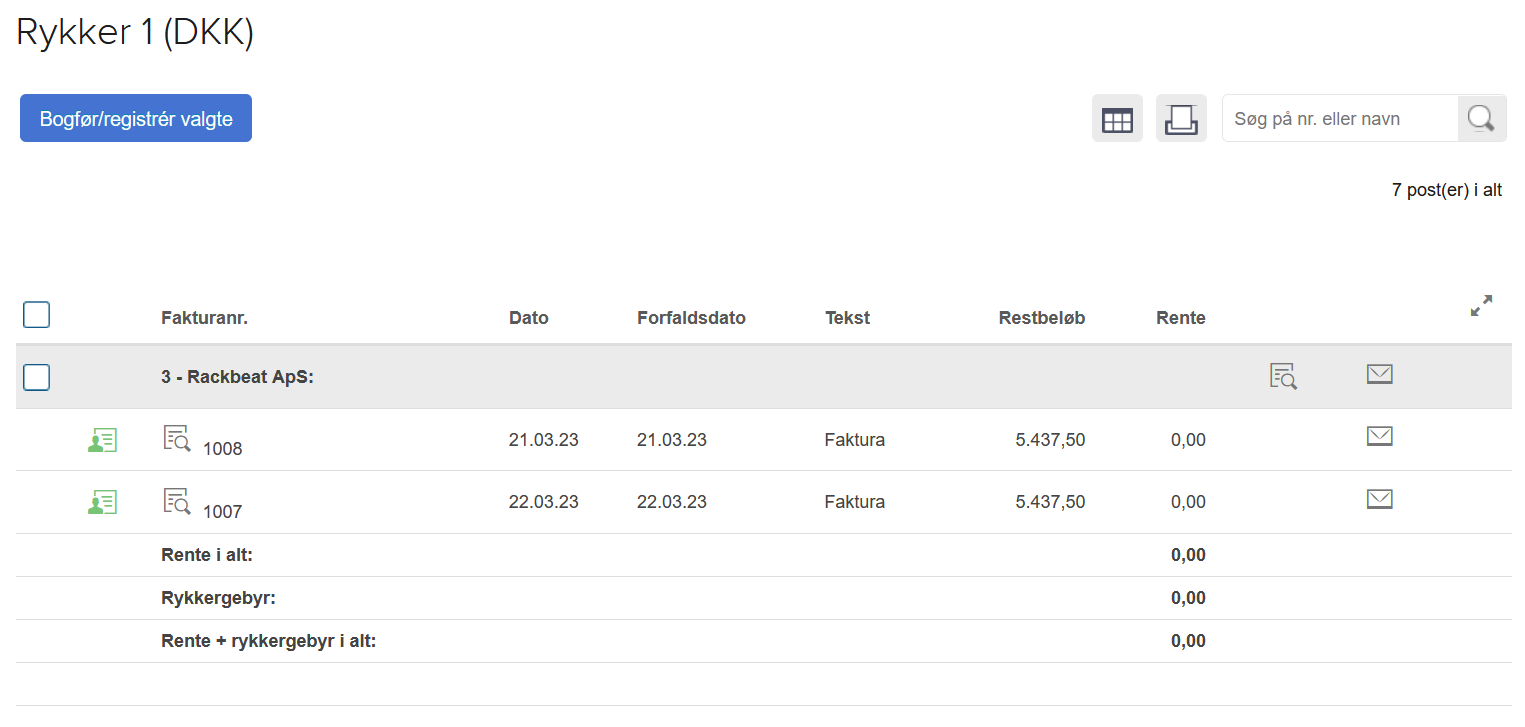 Viser en oversigt over kunder med forfaldne fakturaer i rykkermodulet – bruges til at udvælge, hvilke der skal oprettes en rykker for.