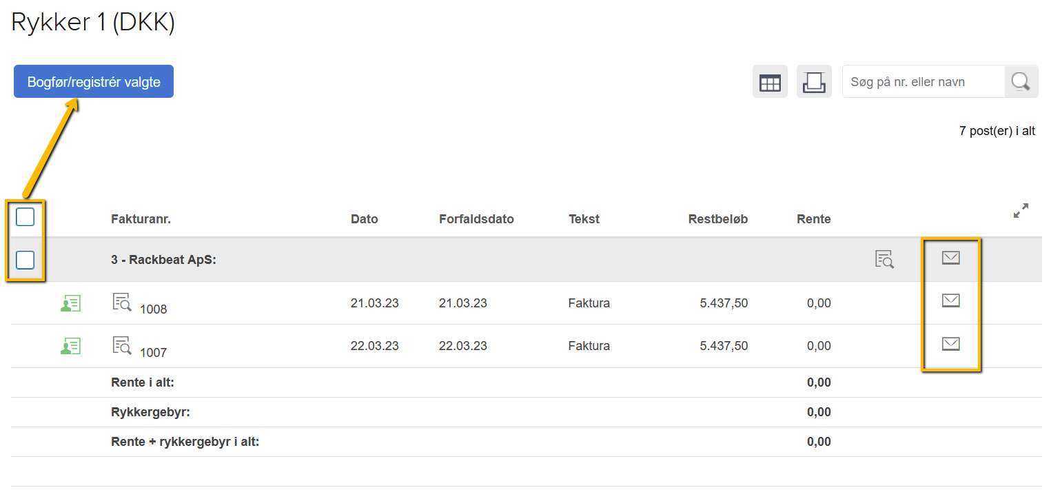 Viser valgmulighederne for bogføring af rykkere i rykkeroversigten – bruges til at sende rykkere samlet for en kunde eller for enkelte fakturaer.